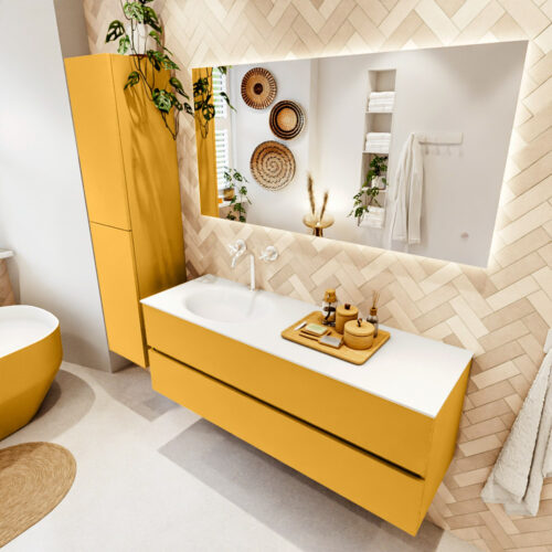 MONDIAZ VICA 140cm mueble de baño Ocher 2 cajones. Lavabo MOON Izquierda 1 orificio