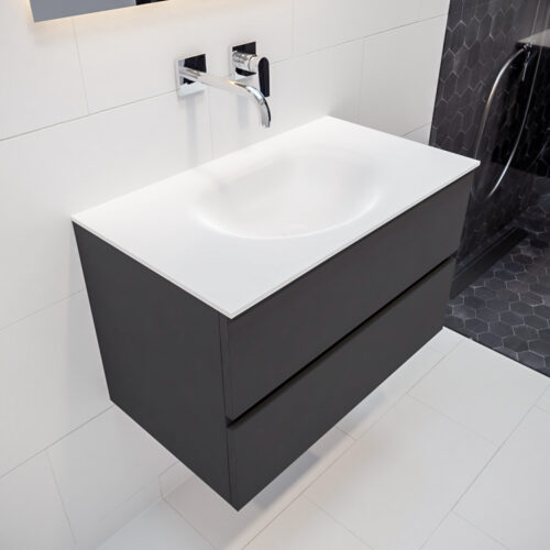 MONDIAZ VICA 80cm mueble de baño Dark Grey 2 cajones lavabo MOON Centro sin orificio con espejo LED.