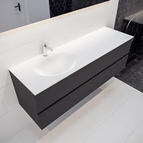 MONDIAZ VICA 150cm mueble de baño Dark Grey 2 cajones lavabo MOON Izquierda 1 orificio con espejo LED.