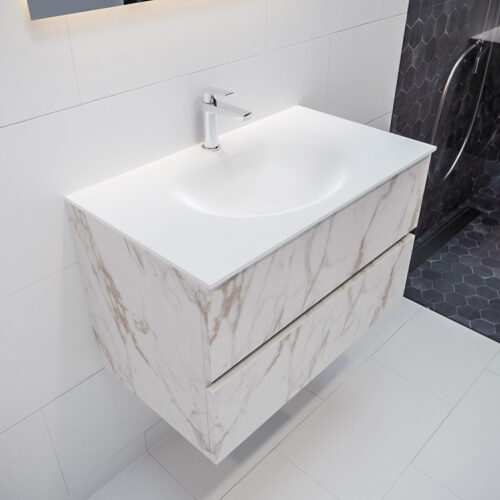 MONDIAZ VICA 80cm mueble de baño Carrara 2 cajones lavabo MOON Centro 1 orificio con espejo LED.