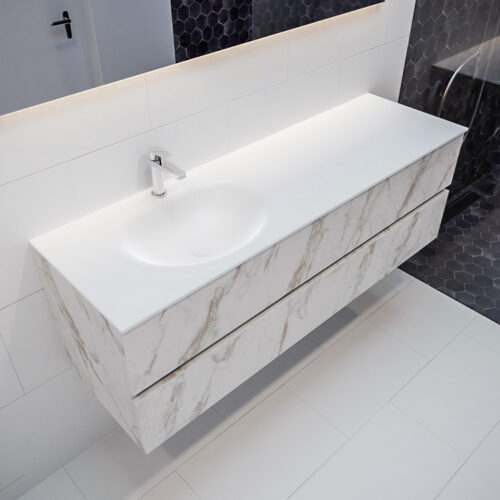 MONDIAZ VICA 150cm mueble de baño Carrara 2 cajones lavabo MOON Izquierda 1 orificio con espejo LED.