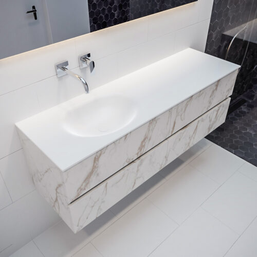 MONDIAZ VICA 150cm mueble de baño Carrara 4 cajones lavabo MOON Izquierda sin orificio con espejo LED.