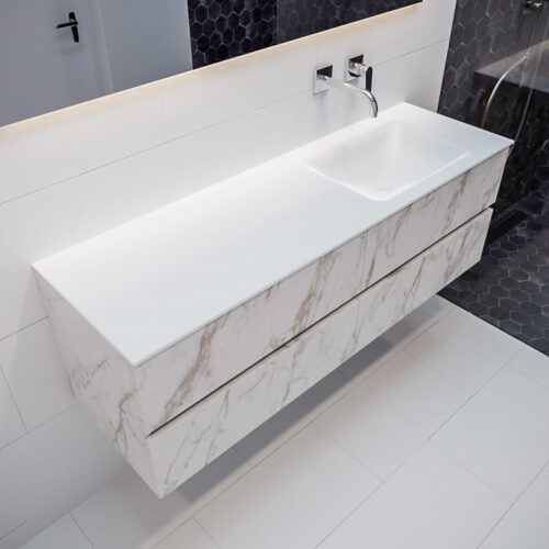 MONDIAZ VICA 150cm mueble de baño Carrara 4 cajones lavabo CLOUD Derecho sin orificio con espejo LED.