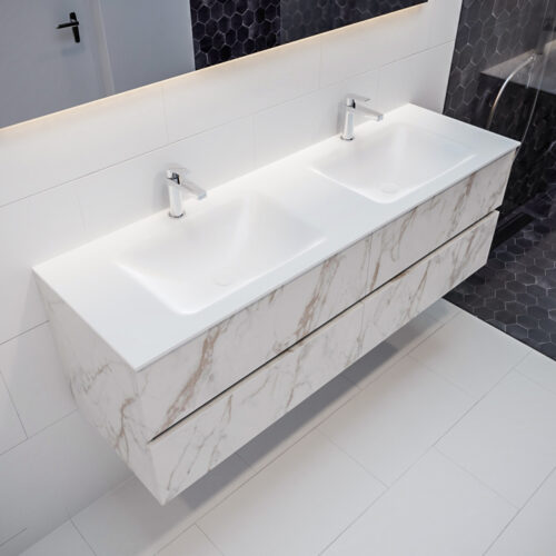 MONDIAZ VICA 150cm mueble de baño Carrara 4 cajones lavabo CLOUD Doble 2 orificios con espejo LED.