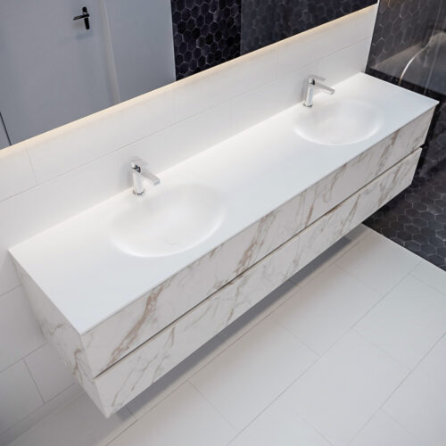 MONDIAZ VICA 200cm mueble de baño Carrara 4 cajones lavabo MOON Doble 2 orificios con espejo LED.