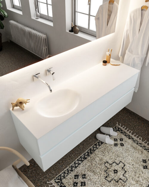 MONDIAZ VICA 150cm mueble de baño Clay 2 cajones lavabo MOON Izquierda sin orificio con espejo LED.