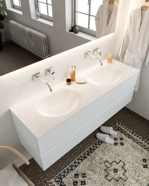 MONDIAZ VICA 150cm mueble de baño Clay 2 cajones lavabo MOON Doble sin orificio con espejo LED.