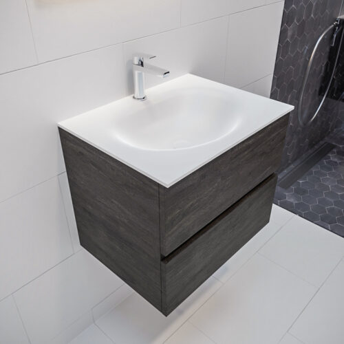 MONDIAZ VICA 60cm mueble de baño Dark Brown 2 cajones lavabo MOON Centro 1 orificio con espejo LED.