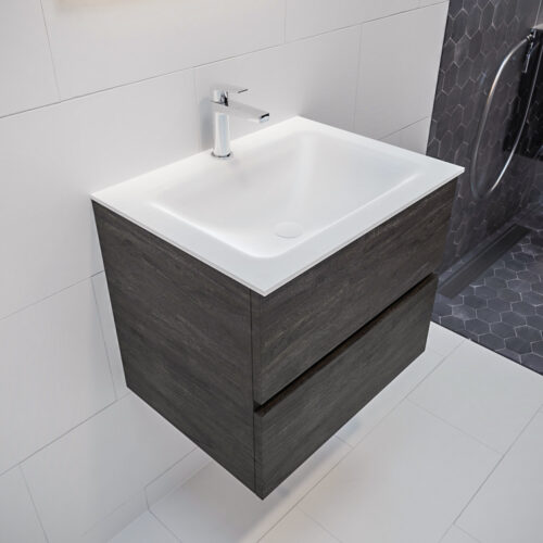 MONDIAZ VICA 60cm mueble de baño Dark Brown 2 cajones lavabo CLOUD Centro 1 orificio con espejo LED.