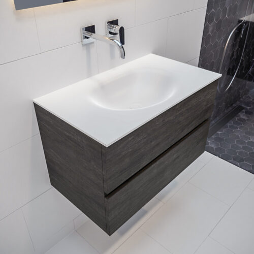 MONDIAZ VICA 80cm mueble de baño Dark Brown 2 cajones lavabo MOON Centro sin orificio con espejo LED.