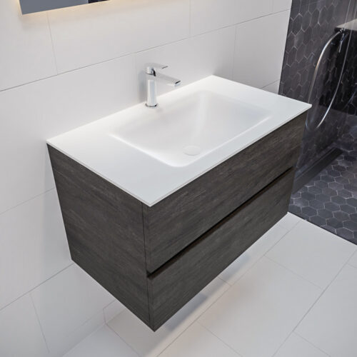 MONDIAZ VICA 80cm mueble de baño Dark Brown 2 cajones lavabo CLOUD Centro 1 orificio con espejo LED.