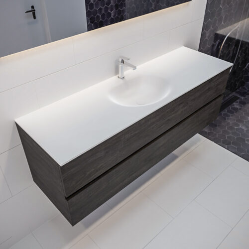 MONDIAZ VICA 150cm mueble de baño Dark Brown 2 cajones lavabo MOON Centro 1 orificio con espejo LED.