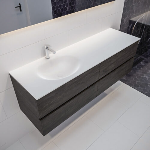 MONDIAZ VICA 150cm mueble de baño Dark Brown 4 cajones lavabo MOON Izquierda 1 orificio con espejo LED.