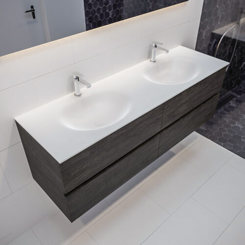 MONDIAZ VICA 150cm mueble de baño Dark Brown 4 cajones lavabo MOON Doble 2 orificios con espejo LED.