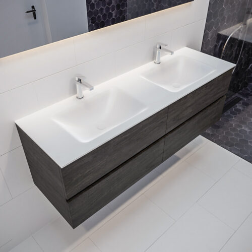 MONDIAZ VICA 150cm mueble de baño Dark Brown 4 cajones lavabo CLOUD Doble 2 orificios con espejo LED.