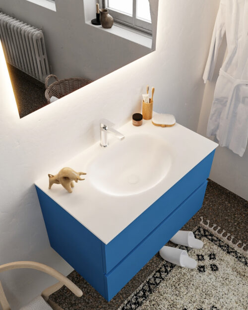 MONDIAZ VICA 80cm mueble de baño Jeans 2 cajones lavabo MOON Centro 1 orificio con espejo LED.