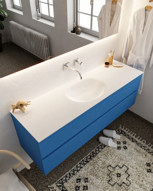 MONDIAZ VICA 150cm mueble de baño Jeans 2 cajones lavabo MOON Centro sin orificio con espejo LED.