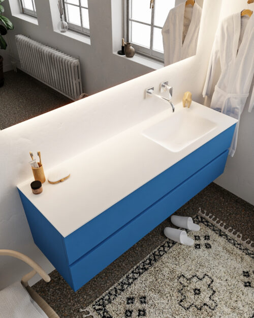 MONDIAZ VICA 150cm mueble de baño Jeans 2 cajones lavabo CLOUD Derecho sin orificio con espejo LED.