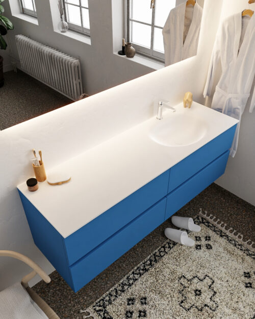 MONDIAZ VICA 150cm mueble de baño Jeans 4 cajones lavabo MOON Derecho 1 orificio con espejo LED.