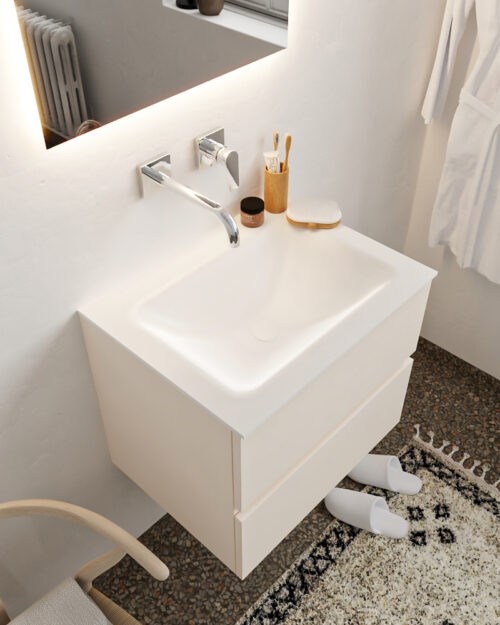 MONDIAZ VICA 60cm mueble de baño Linen 2 cajones lavabo CLOUD Centro sin orificio con espejo LED.