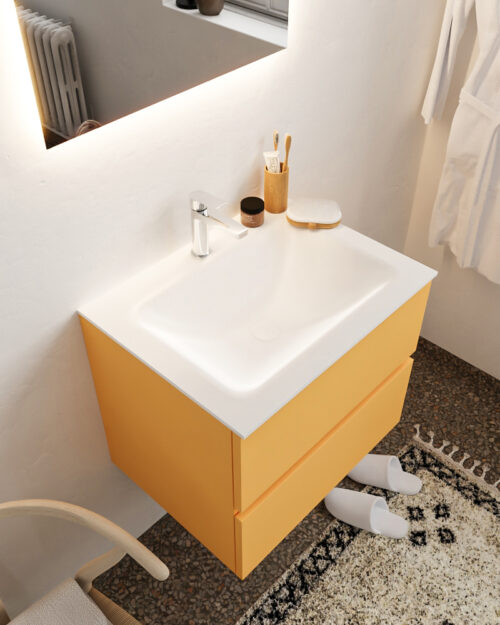 MONDIAZ VICA 60cm mueble de baño Ocher 2 cajones lavabo CLOUD Centro 1 orificio con espejo LED.