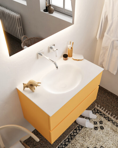 MONDIAZ VICA 80cm mueble de baño Ocher 2 cajones lavabo MOON Centro sin orificio con espejo LED.