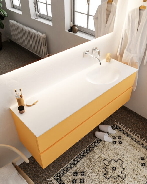 MONDIAZ VICA 150cm mueble de baño Ocher 2 cajones lavabo MOON Derecho sin orificio con espejo LED.