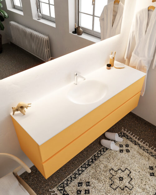 MONDIAZ VICA 150cm mueble de baño Ocher 2 cajones lavabo MOON Centro 1 orificio con espejo LED.