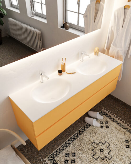 MONDIAZ VICA 150cm mueble de baño Ocher 2 cajones lavabo MOON Doble 2 orificios con espejo LED.