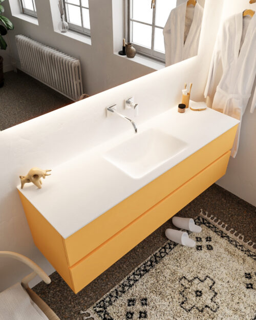 MONDIAZ VICA 150cm mueble de baño Ocher 2 cajones lavabo CLOUD Centro sin orificio con espejo LED.