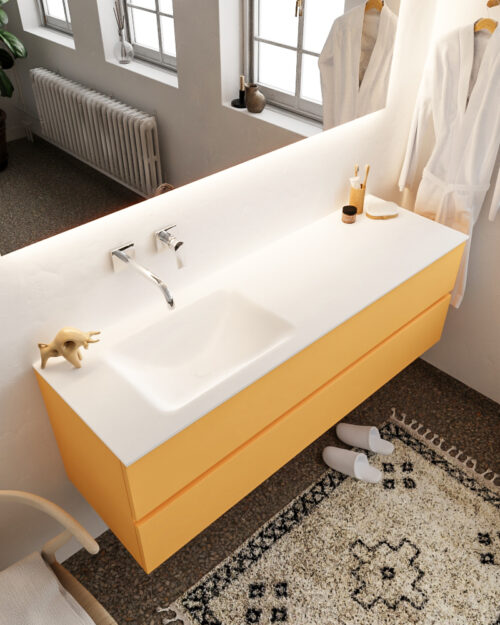 MONDIAZ VICA 150cm mueble de baño Ocher 2 cajones lavabo CLOUD Izquierda sin orificio con espejo LED.