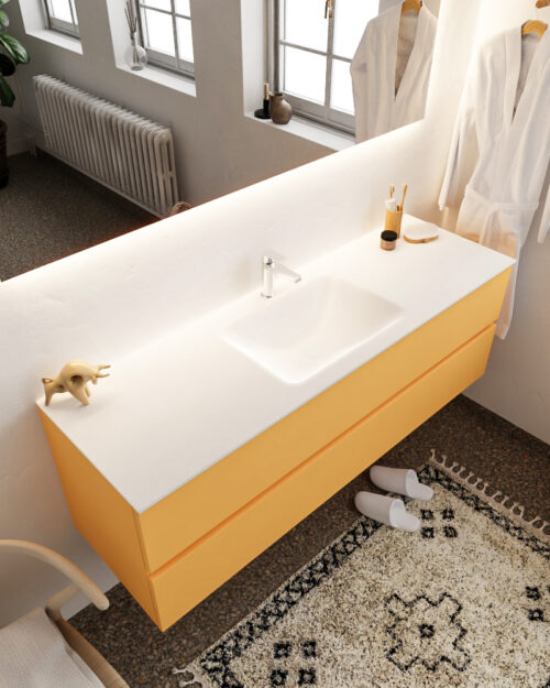 MONDIAZ VICA 150cm mueble de baño Ocher 2 cajones lavabo CLOUD Centro 1 orificio con espejo LED.