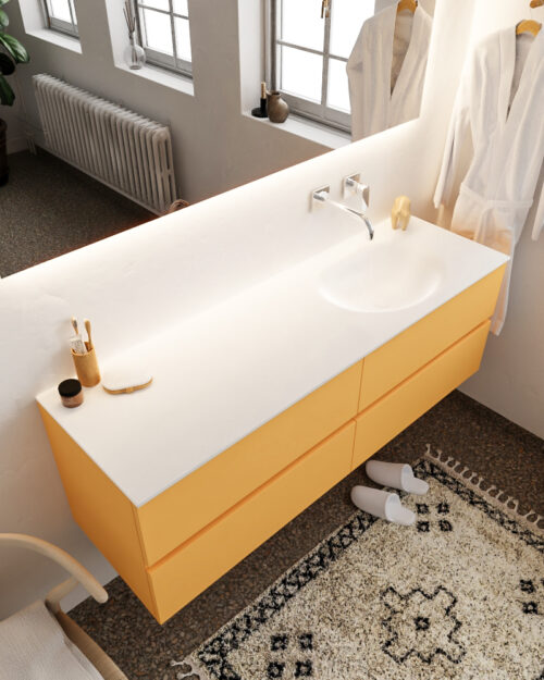 MONDIAZ VICA 150cm mueble de baño Ocher 4 cajones lavabo MOON Derecho sin orificio con espejo LED.