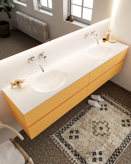 MONDIAZ VICA 200cm mueble de baño Ocher 4 cajones lavabo MOON Doble sin orificio con espejo LED.