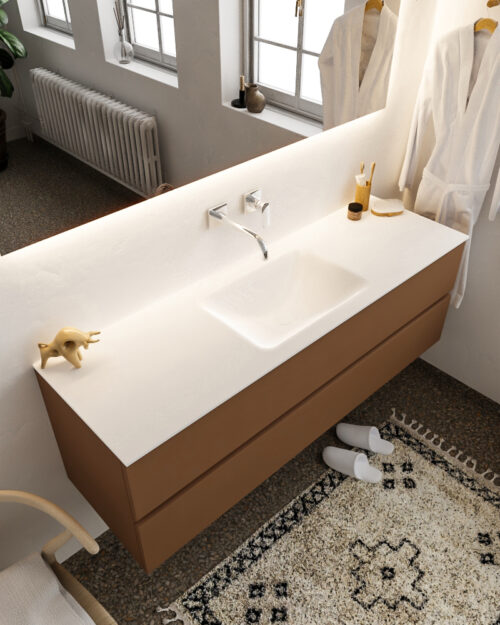 MONDIAZ VICA 150cm mueble de baño Rust 2 cajones lavabo CLOUD Centro sin orificio con espejo LED.