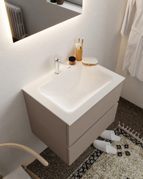 MONDIAZ VICA 60cm mueble de baño Smoke 2 cajones lavabo CLOUD Centro 1 orificio con espejo LED.