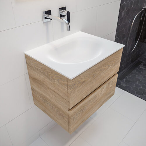 MONDIAZ VICA 60cm mueble de baño Washed Oak 2 cajones lavabo MOON Centro sin orificio con espejo LED.