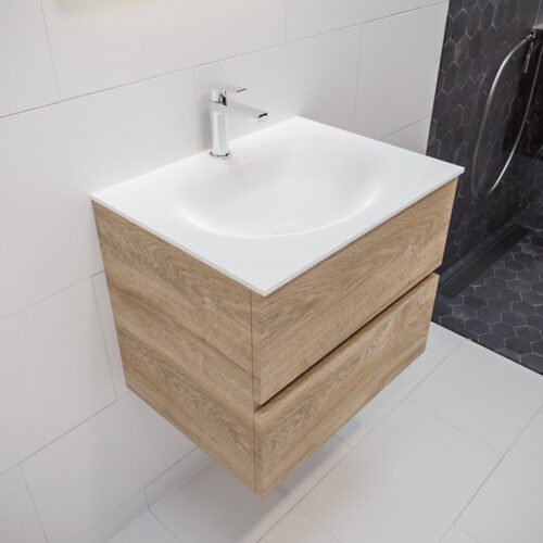 MONDIAZ VICA 60cm mueble de baño Washed Oak 2 cajones lavabo MOON Centro 1 orificio con espejo LED.