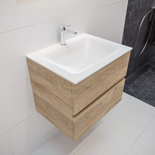 MONDIAZ VICA 60cm mueble de baño Washed Oak 2 cajones lavabo CLOUD Centro 1 orificio con espejo LED.