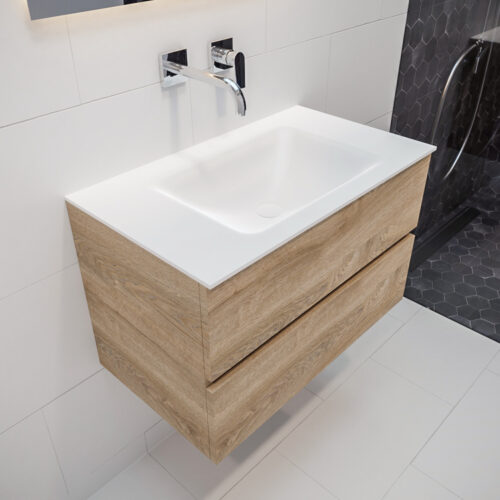 MONDIAZ VICA 80cm mueble de baño Washed Oak 2 cajones lavabo CLOUD Centro sin orificio con espejo LED.