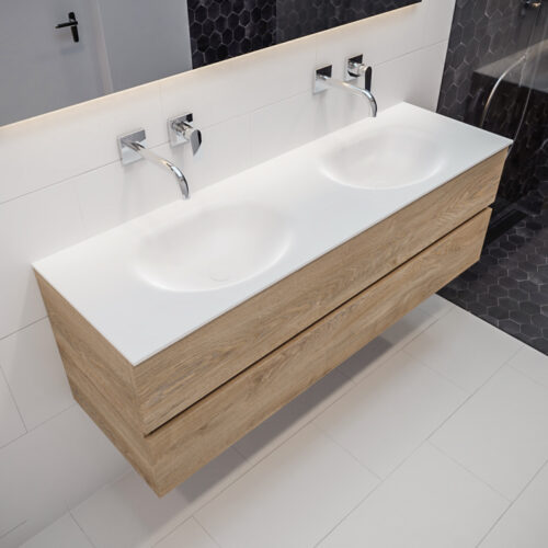 MONDIAZ VICA 150cm mueble de baño Washed Oak 2 cajones lavabo MOON Doble sin orificio con espejo LED.