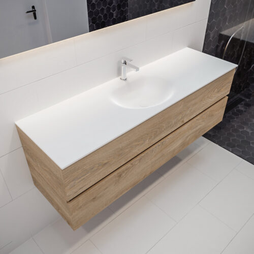 MONDIAZ VICA 150cm mueble de baño Washed Oak 2 cajones lavabo MOON Centro 1 orificio con espejo LED.