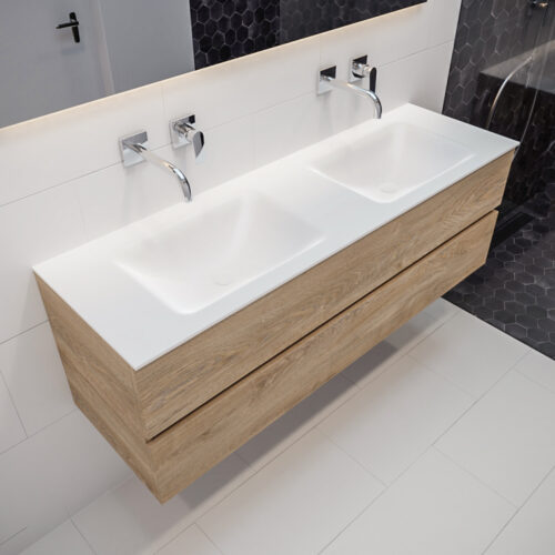 MONDIAZ VICA 150cm mueble de baño Washed Oak 2 cajones lavabo CLOUD Doble sin orificio con espejo LED.