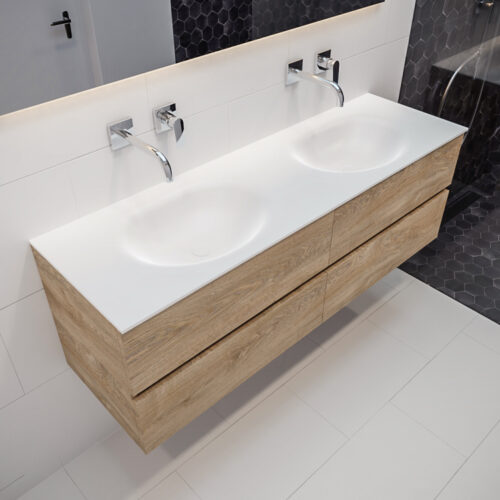 MONDIAZ VICA 150cm mueble de baño Washed Oak 4 cajones lavabo MOON Doble sin orificio con espejo LED.