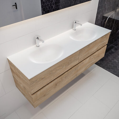 MONDIAZ VICA 150cm mueble de baño Washed Oak 4 cajones lavabo MOON Doble 2 orificios con espejo LED.