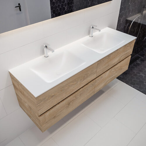 MONDIAZ VICA 150cm mueble de baño Washed Oak 4 cajones lavabo CLOUD Doble 2 orificios con espejo LED.