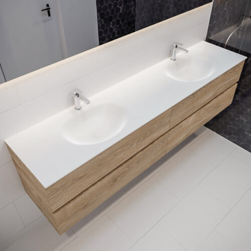 MONDIAZ VICA 200cm mueble de baño Washed Oak 4 cajones lavabo MOON Doble 2 orificios con espejo LED.