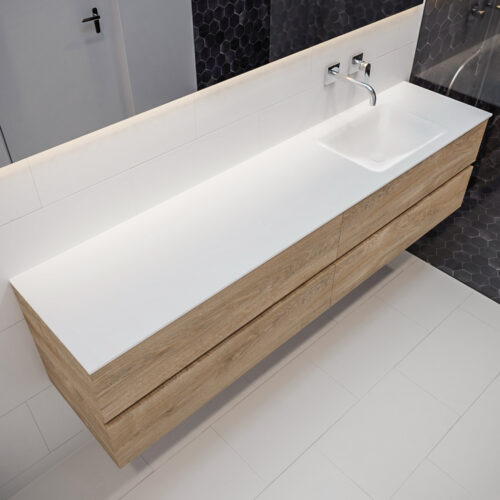 MONDIAZ VICA 200cm mueble de baño Washed Oak 4 cajones lavabo CLOUD Derecho sin orificio con espejo LED.