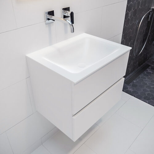 MONDIAZ VICA 60cm mueble de baño Talc 2 cajones lavabo CLOUD Centro sin orificio con espejo LED.