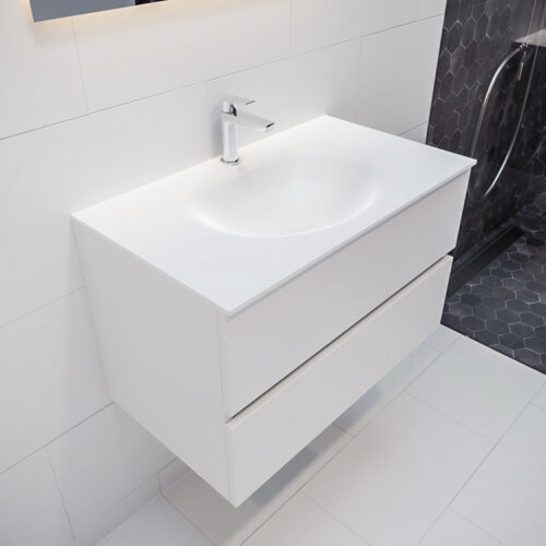 MONDIAZ VICA 80cm mueble de baño Talc 2 cajones lavabo MOON Centro 1 orificio con espejo LED.